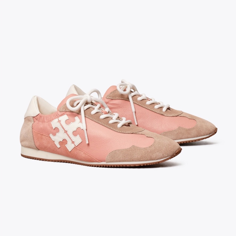 Authentic Tory Burch Pink Vintage Doublet Trainer Sneakers with Leather Details